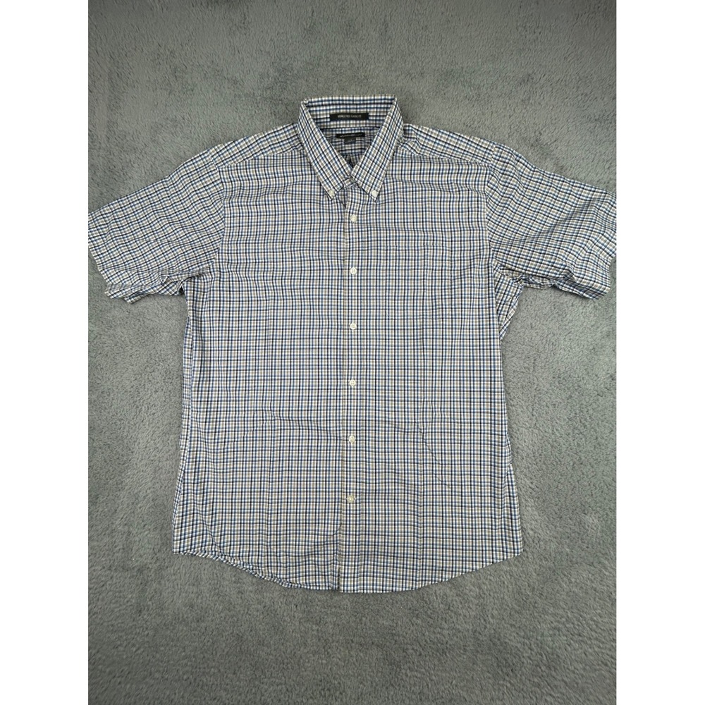 Eddie Bauer Mens Large Classic Fit Wrinkle Free Short Sleeve Check Shirt Blue